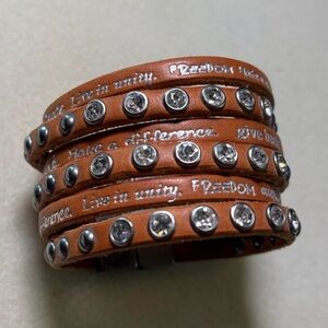 Humanity For All Brown Leather Multi Wrap Cuff Bracelet Rhinestone Studded